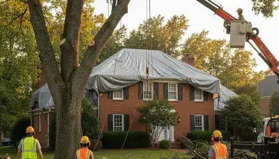 Professional arborists performing safe tree removal with crane and chainsaws in Richmond, VA