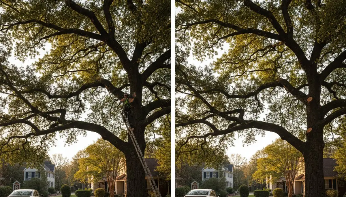 Arborist performing canopy lift for driveway clearance during professional tree trimming in Richmond, VA