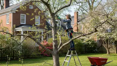 Arborist pruning fruit tree in Richmond VA backyard orchard for healthy growth and optimized fruit yield