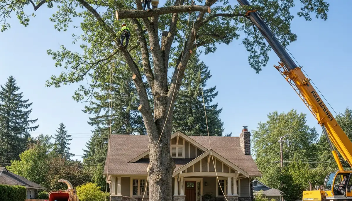 Professional arborists performing large tree removal in Ashland, VA near Richmond using bucket truck equipment