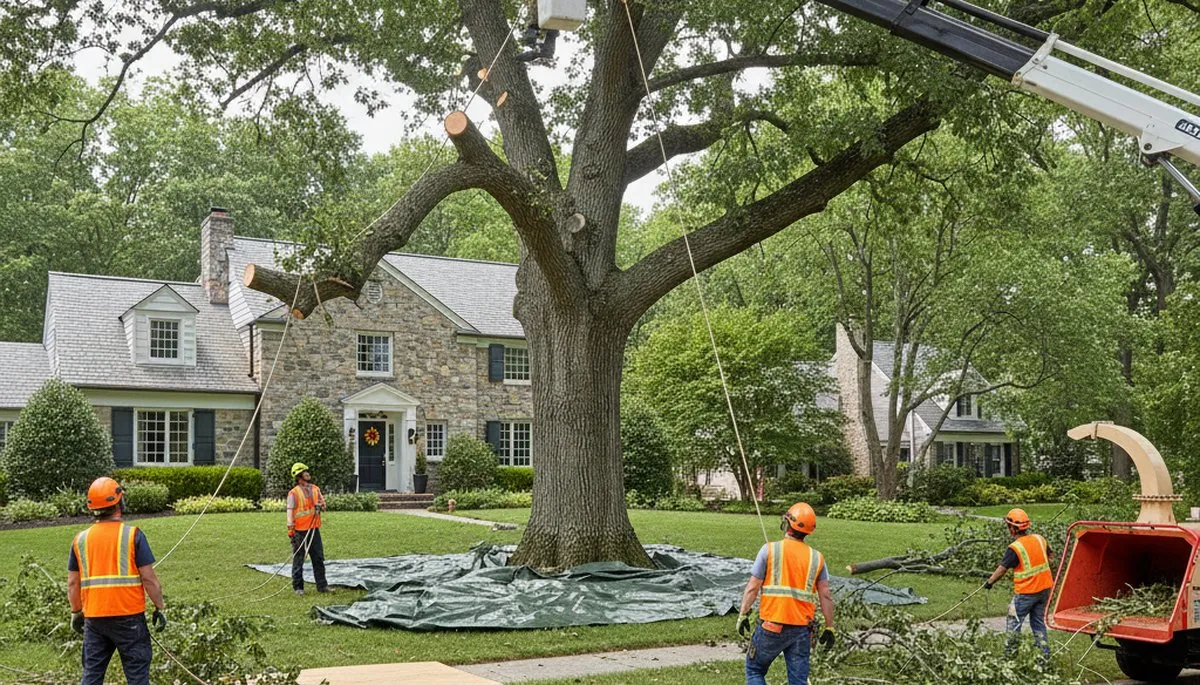 Arborists using bucket truck for large tree removal in Chester near Richmond, VA homes