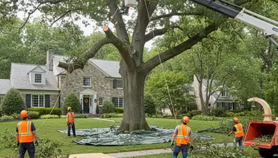 Arborists using bucket truck for large tree removal in Chester near Richmond, VA homes