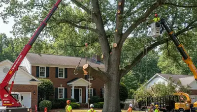 Professional arborists performing large tree removal in Sandston, Richmond VA with bucket truck and rigging systems