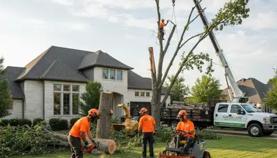 Professional lawn and tree service team working in Richmond, VA yard with maintained green grass