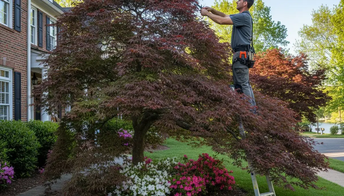 Arborist hand pruning ornamental Japanese maple for curb appeal in Richmond VA residential landscape
