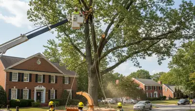 Arborists performing safe tree removal with professional equipment in Richmond, VA