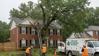 Emergency tree removal crews clearing storm-damaged trees in Glen Allen, Richmond VA