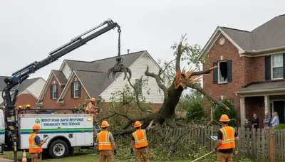 Emergency tree removal crew clearing storm damage in Midlothian, VA near Richmond homes