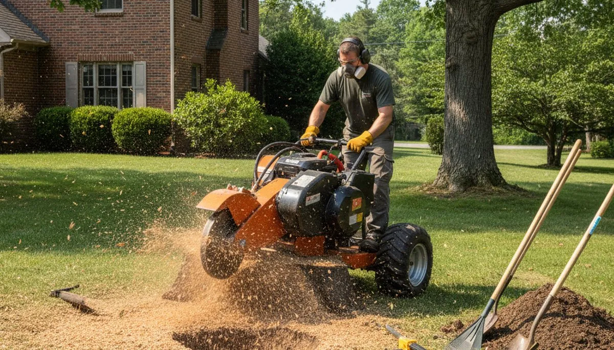 Professional stump grinding removing tree stumps in Chester, VA for lawn restoration and landscaping