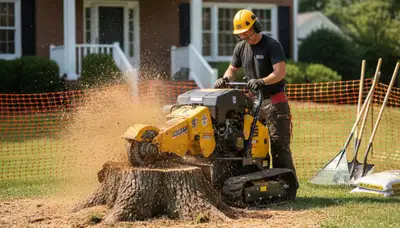 Professional stump grinding removing tree stumps in Henrico, Richmond VA for lawn restoration