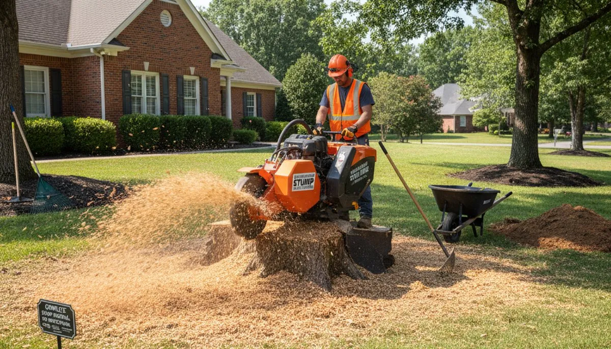 Professional stump grinding removing tree stumps in Midlothian, VA yard by Richmond tree removal experts