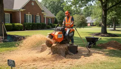 Professional stump grinding removing tree stumps in Midlothian, VA yard by Richmond tree removal experts