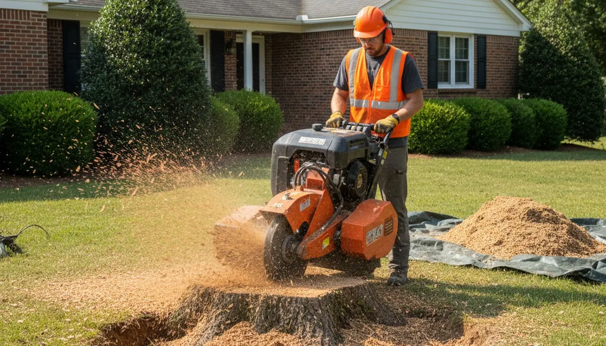Professional stump grinding service removing tree stump in Sandston, Richmond VA yard