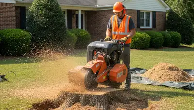Professional stump grinding service removing tree stump in Sandston, Richmond VA yard
