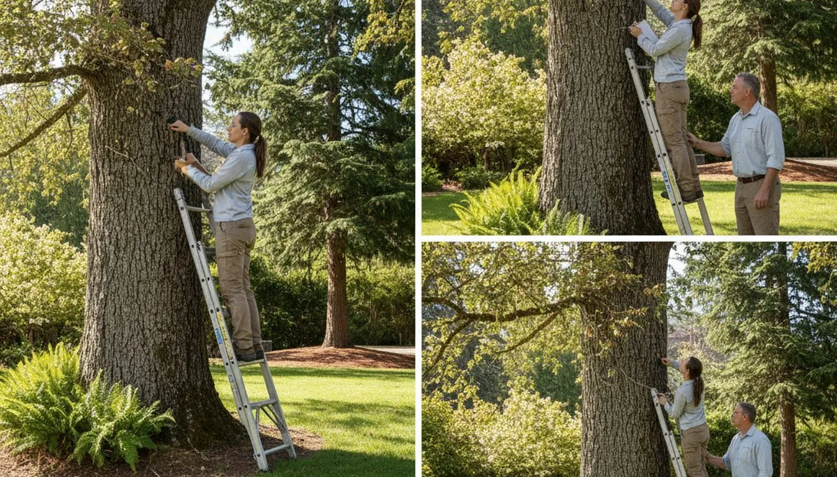 Certified arborist performing tree health assessment for homeowners in Ashland, VA near Richmond
