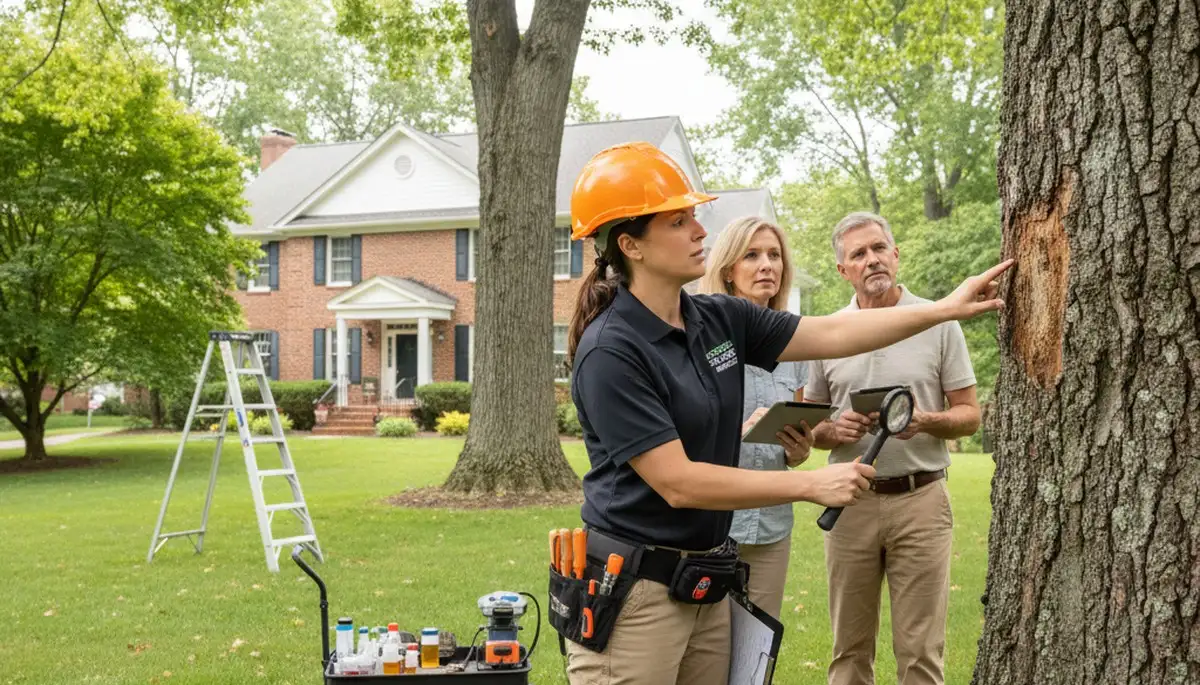 Certified arborist performing tree health assessment for homeowners in Chesterfield, VA