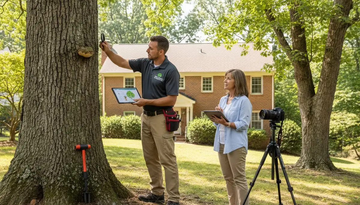 Certified arborist performing tree health assessment for homeowners in Glen Allen, VA near Richmond