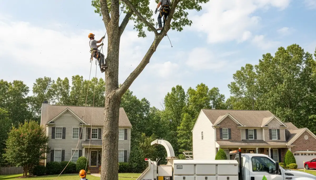 Professional tree removal crew working safely in Richmond VA yard